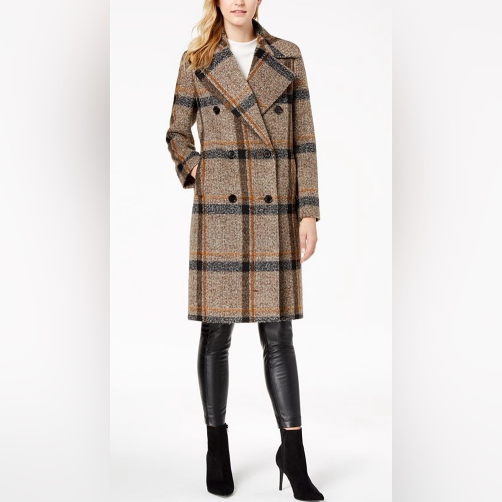 KENDALL + KYLIE Double-Breasted Plaid Walker Coat XS